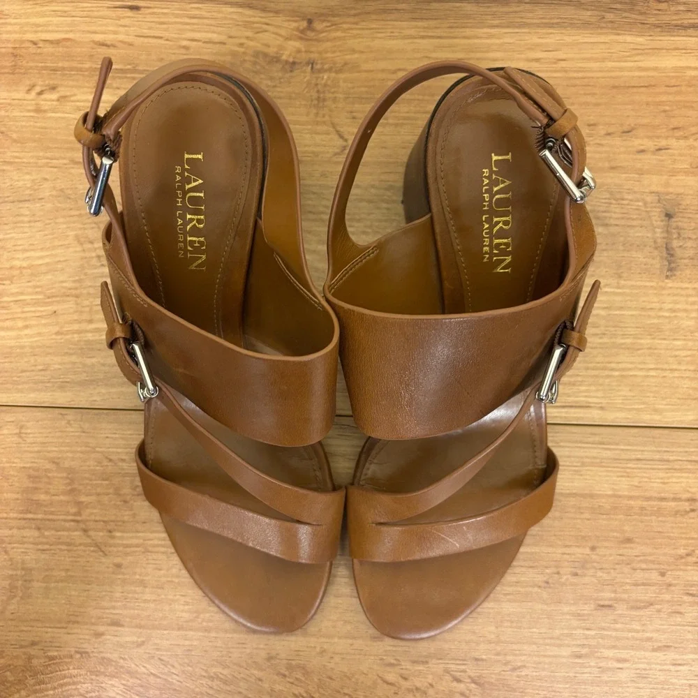 LAUREN RALPH LAUREN Florin Vachetta Leather‎ Sandal Deep Saddle Tan Women Size 8